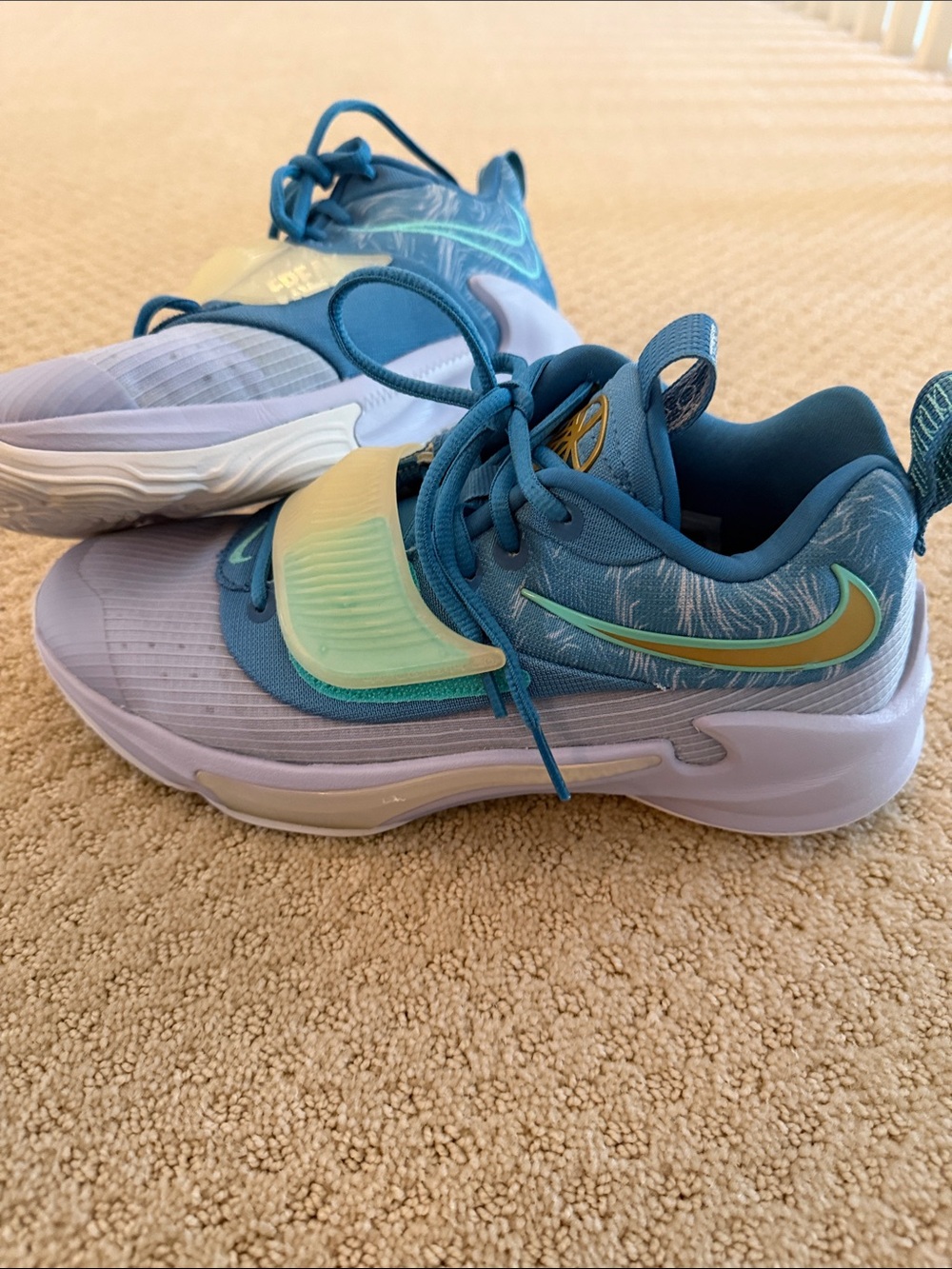 Nike Kids Teal and Light Blue Basketball Sneakers with Lime Accent